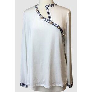 Nora Cora Long Sleeve White Pullover Asymmetric Neck Gingham & Button Accents LG
